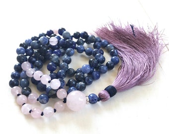 Self Acceptance Mala Beads - Sodalite Mala Necklace - Rose Quartz - 108 Mala Beads - Mala For Inner Peace - Hand Knotted - Prayer Beads