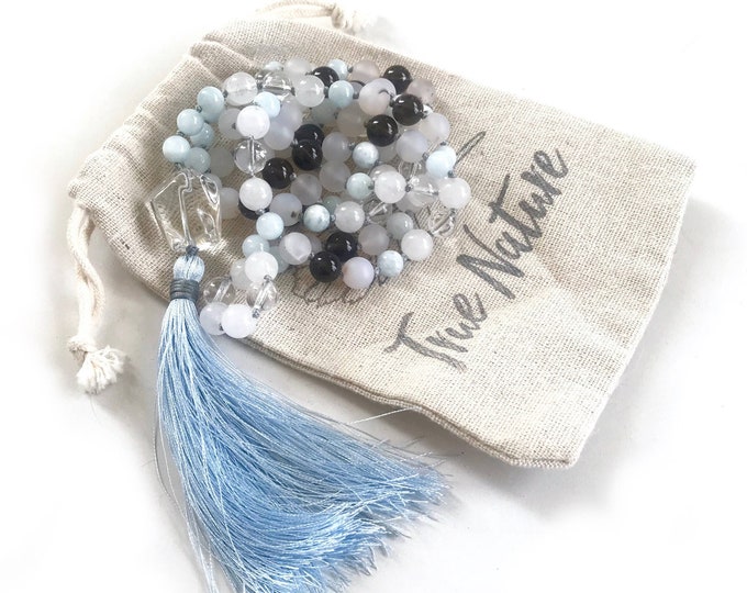 Quiet The Mind Mala Necklace - Clear Quartz Bead Beads - Smokey Quartz Beads - Aquamarine & Agate Beads - 108 Mala Beads - Japa Mala