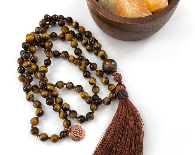 Personal Power Mala Beads - Grounding Mala Necklace - Tiger Eye - Solar Plexus Mala - 108 Bead Mala - Rudraksha - Yoga Beads