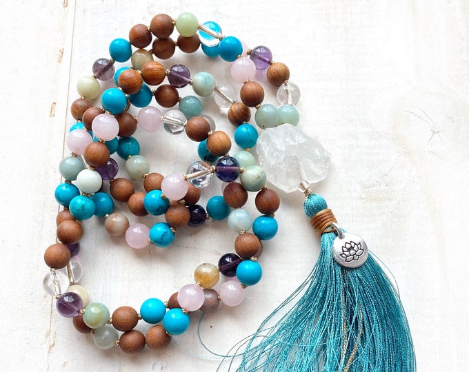 Dispel Negative Energy Mala Beads - Turquoise, Clear Quartz, Sandalwood, Amethyst, Rose Quartz And Amazonite - 108 Bead Mala Necklace