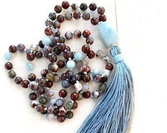 Quiet The Mind Mala Beads - Red Lightning Agate - Aquamarine Mala Necklace - 108 Beads Mala - Mantra Mala - Mala For Meditation