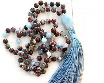 Quiet The Mind Mala Beads - Tassel Mala Necklace - Red Lightning Agate Beads - Aquamarine Bead - 108 Beads Mala - Meditation Practice