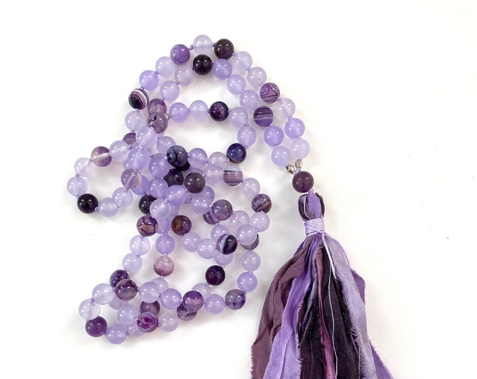 Crown Chakra Mala Beads - Sahasrara Mala Necklace - Chakra Healing - Higher Consciousness - Jade - Amethyst - Lepedolite - Agate - Fluorite