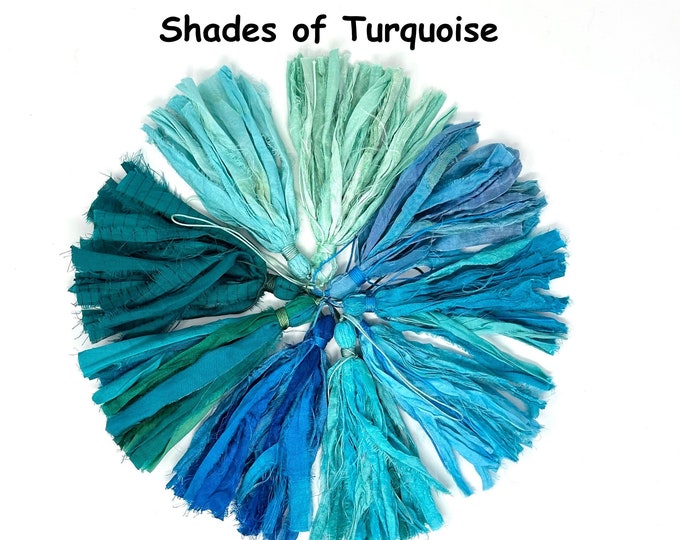 Shades Of Turquoise Blue Sari Silk Tassels - Mala Bead Tassels - Tassels For Craft Project - Customize Your Mala Beads