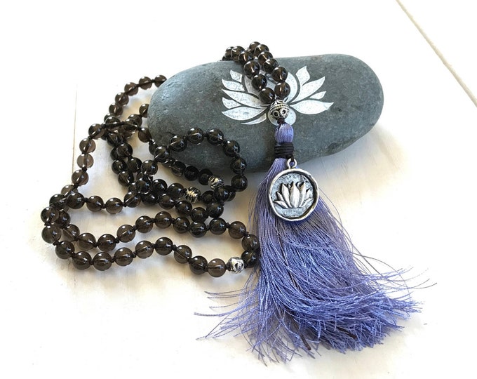 Elevate Your Mood Mala Beads - Smoky Quartz Mala Necklace - 108 Mala Beads - Hand Knotted Mala - Lotus Charm - Silk Tassel