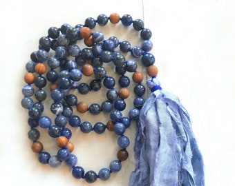 Be Confident Mala -  Sodalite Mala Bead Necklace - Lapis Lazuli - Leather Tassel Mala - 108 Mala Beads - Sari Silk Tassel - Japa Mala