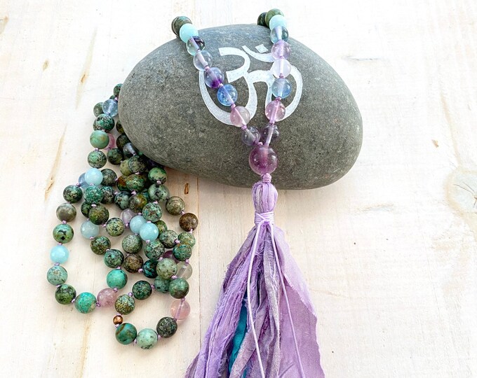 Harmonize Spiritual Energy Mala Beads - 108 Bead Mala Necklace - African Turquoise - Fluorite & Amazonite Beads - Mantra Mala - Yoga Beads