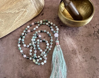 Ease Emotional Stress  Mala Beads - Tree Agate & Rose Quartz Mala Necklace - 108 Mala Beads - Yoga Prayer Beads - Lotus Flower Charm