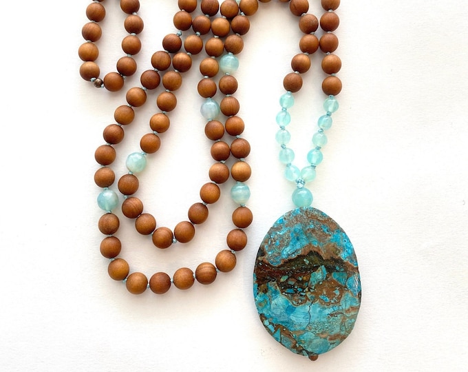 Tranquility Mala Necklace - Ocean Jasper Mala - Sandalwood Beads - Healing Mala Beads - 108 Beads - Meditation Beads - You Pick The Pendant