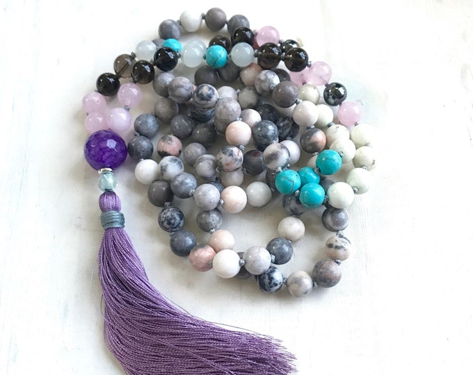 Cleanse Away Negativity Mala Beads - Smokey Quartz Mala Necklace - Moonstone - Amethyst Guru Bead - Turquoise beads - 108 Bead Mala