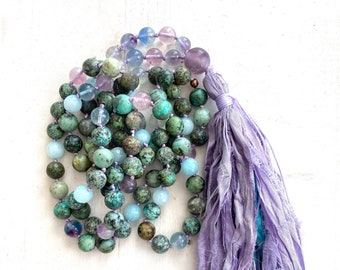 Harmonize Spiritual Energy Mala Beads - 108 Bead Mala Necklace - African Turquoise - Fluorite & Amazonite Beads - Mantra Mala - Yoga Beads