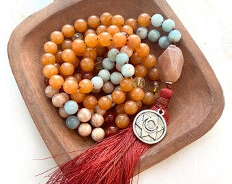 Mala For Insecurities - Peach Aventurine Mala Beads - Aquamarine Carnelian Sunstone Citrine Mala Necklace - 108 Bead Mala - Meditation Beads