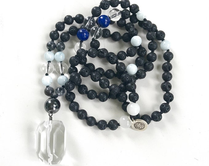 Shed Emotional Attachment - Black Lava Mala Beads - Clear Quartz Guru Bead - 108 Bead Mala Necklace - Choose Your Accent Stones - Yoga Charm