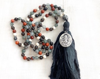 Root Chakra Mala - Bloodstone Mala Beads - Red Jasper - Smokey Quartz - Howlite and Hematite - 108 Beads Mala - Silk Tassel