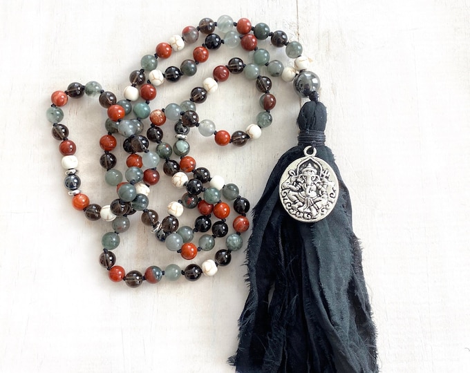 Root Chakra Mala - Bloodstone Mala Beads - Red Jasper - Smokey Quartz - Howlite and Hematite - 108 Beads Mala - Silk Tassel