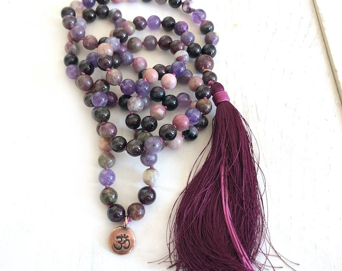 Heart Chakra Mala - Watermelon Tourmaline Mala Necklace - Rhodonite - Garnet - Lepidolite - 108 Beads Hand Knotted - Choose Your Tassel