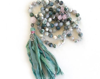 Mala para el equilibrio emocional - Cuentas de oración para yoga - Ágata y cuarzo rosa - Collar mala de 108 cuentas - Borla de seda sari