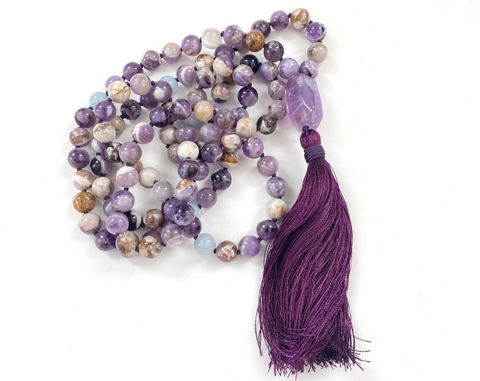 Flower Amethyst Mala Necklace - Mala For Calm - Aquamarine Beads - 108 Beads - Handmade Silk Tassel - Hand Knotted - Sari Silk Tassel