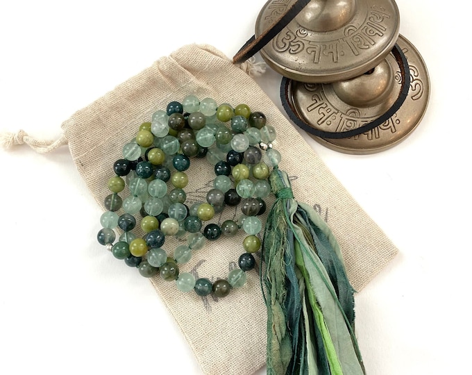 Heart Chakra Mala Beads - Anahata Mala Necklace - Chakra Healing - 108 Beads - Hand Knotted - Moss Agate - Sari Silk Tassel