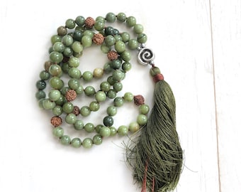 Jade Mala Necklace  - Rudraksha Beads - 108 Bead Mala - Sari Silk Tassel - Mala For Meditation - Customize Your Mala - Hand Knotted