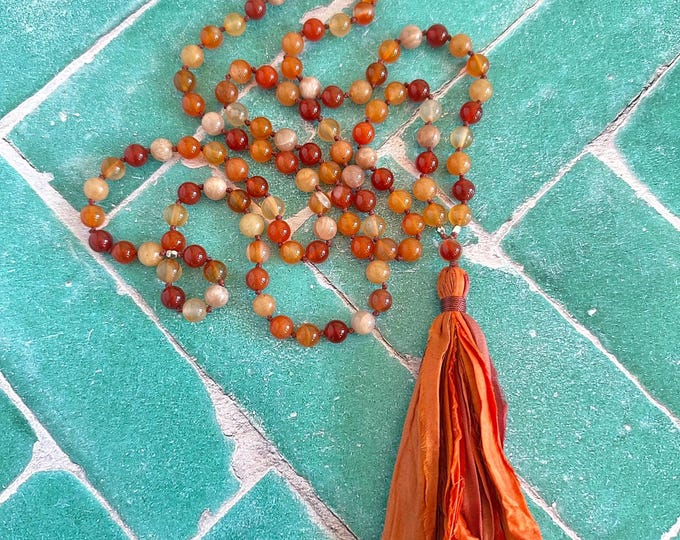 Mala Beads For Passion and Optimism: 108 Bead Mala Necklace - Hand Knotted - Carnelian - Orange Moonstone - Sari Silk Tassel