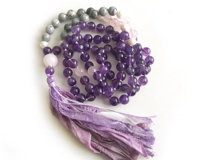Lift Your Spirits Mala Beads - Amethyst Mala Necklace - Mala Beads 108 - Freshwater Pearl Beads - Sari Silk Tassel - Purple Mala Necklace