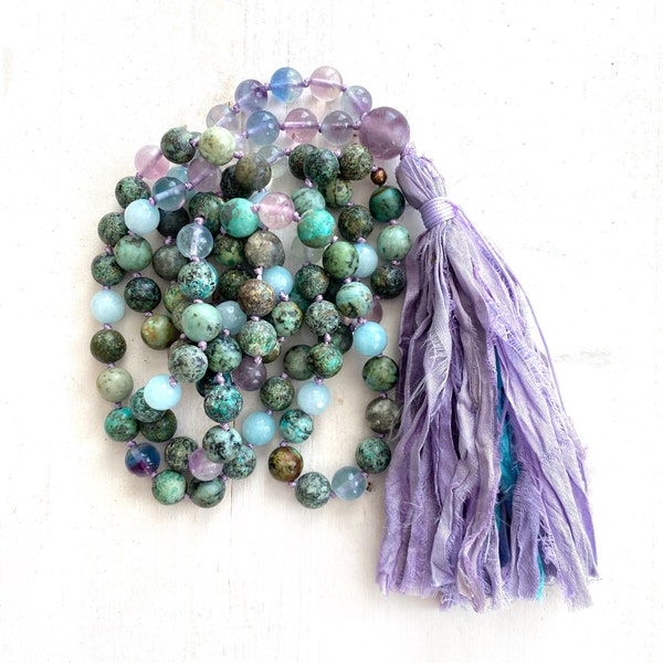 Harmonize Spiritual Energy Mala Beads - 108 Bead Mala Necklace - African Turquoise - Fluorite & Amazonite Beads - Mantra Mala - Yoga Beads