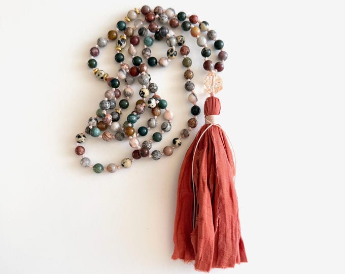 Mixed Jasper Mala Bead Necklace - Mala For Calm & Clarity - Unique Hand Knotted Mala - Sari Silk Tassel - Mala For Meditation Practice