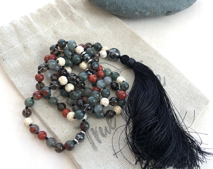 Root Chakra Mala - Bloodstone, Jasper, Smoky Quartz Beads - Unisex Mala necklace - Mala For Grounding - 108 Beads Hand Knotted