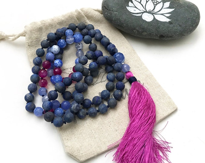 Mala For Truth & Wisdom - Lapis Lazuli, Agate Beads - Vibrant Mala Necklace - Hand Knotted - Silk Tassel - 108 Bead Meditation Mala