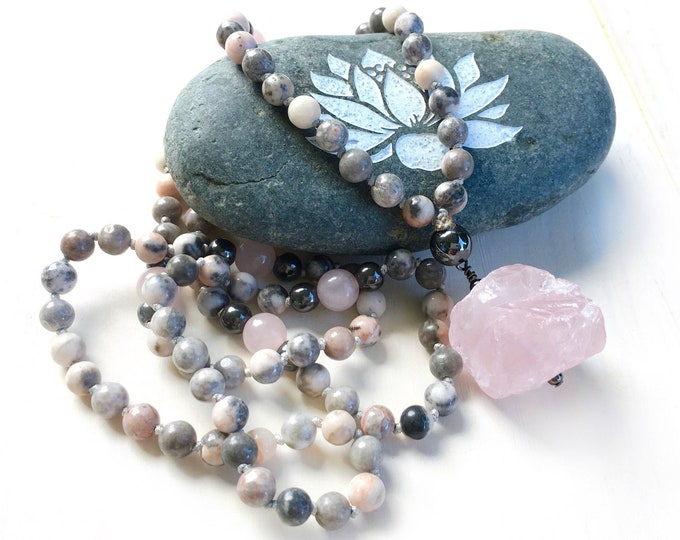 Mala For Balance & Grounding - Pink Zebra Jasper, Rose Quartz, Hematite Beads - Hand Knotted - 108 Beads Mala - Mantra Mala Necklace