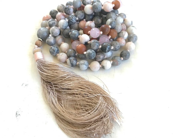 Release Your Fears Mala - Jasper & Rose Quartz Beads - 108 Bead Meditation Mala - Soft Gray Calming Mala Necklace - Hand Knotted