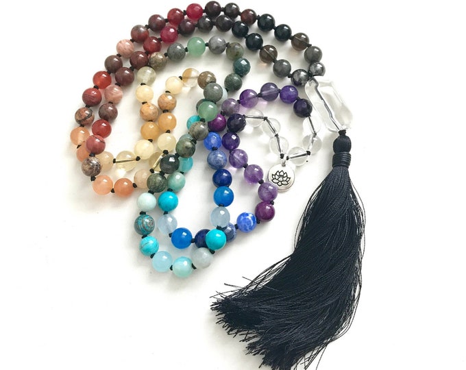 Balance The Chakras - Mala Beads - Chakra Healing Mala Necklace - Silky Tassel - Mixed Gemstone Mala - 108 Beads - Knotted By Hand