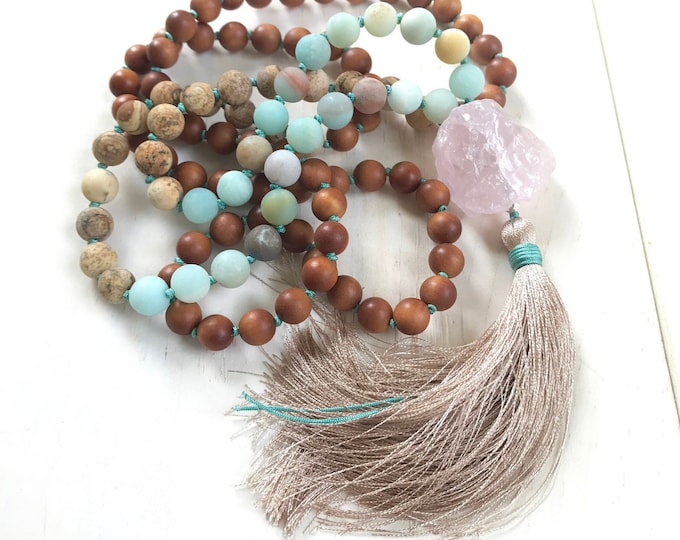 Harmonize And Connect Mala Beads - Amazonite & Rose Quartz Mala Necklace - Sandalwood Beads - Hand Knotted Mala - 108 Beaded Mala