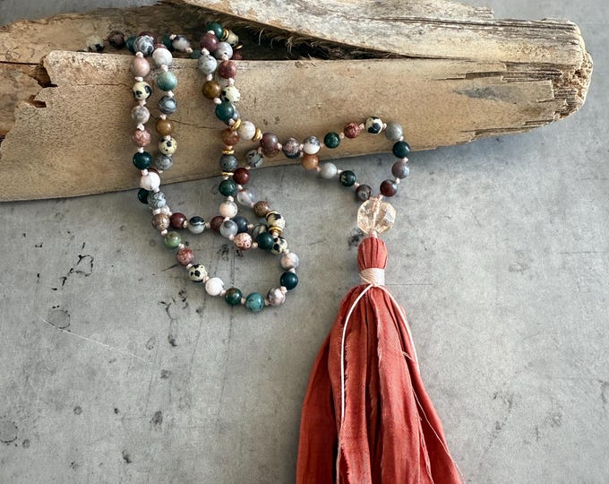 Mixed Jasper Stone Mala Bead Necklace - Sari Silk Tassel Mala - 108 Beaded Mala - Meditation Mala - Quartz Guru Bead - Unique Mala Necklace
