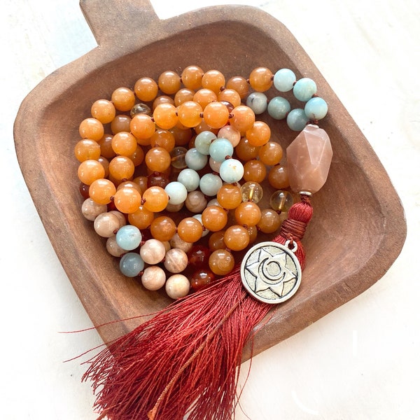 Mala For Insecurities - Peach Aventurine Mala Beads - Aquamarine Carnelian Sunstone Citrine Mala Necklace - 108 Bead Mala - Meditation Beads