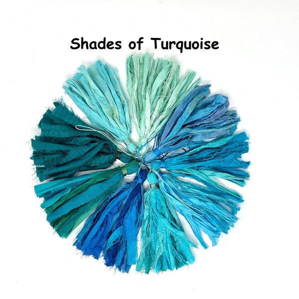 Shades Of Turquoise Blue Sari Silk Tassels - Mala Bead Tassels - Tassels For Craft Project - Customize Your Mala Beads