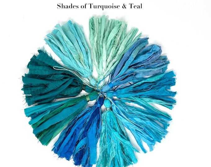 Turquoise  & Teal Sari Silk Tassels: Handmade Tassel For Mala, Purse Tassel