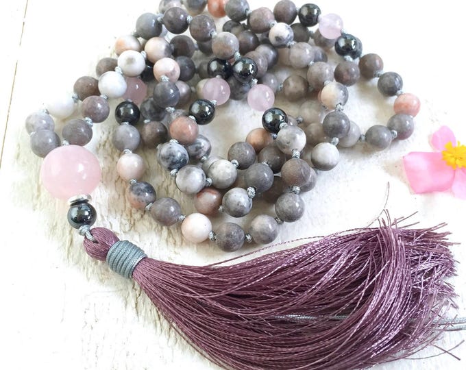 Balance The Emotions Mala - Pink Zebra Jasper Mala Necklace - 108 Bead Mala - Meditation Beads - Knots Between The Beads - Silk Tassel