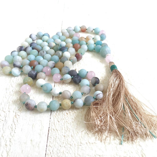 Mala For Calming - Amazonite Mala Beads - 108 Bead Mala - Rose Quartz Amazonite Mala - Yoga Meditation Beads - Japa Mala