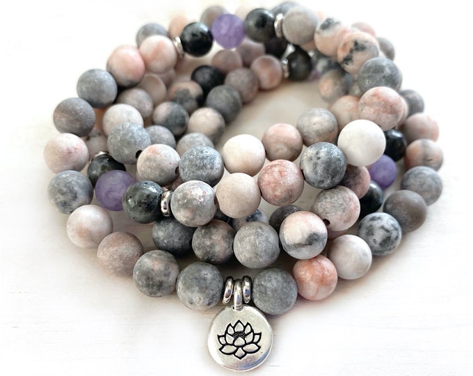 Calm The Mind - Mala - Pink Zebra Jasper Mala Necklace - Labradorite & Jade - 108 Bead Wrist Wrap Mala - Mala Bracelet - Yoga Jewelry