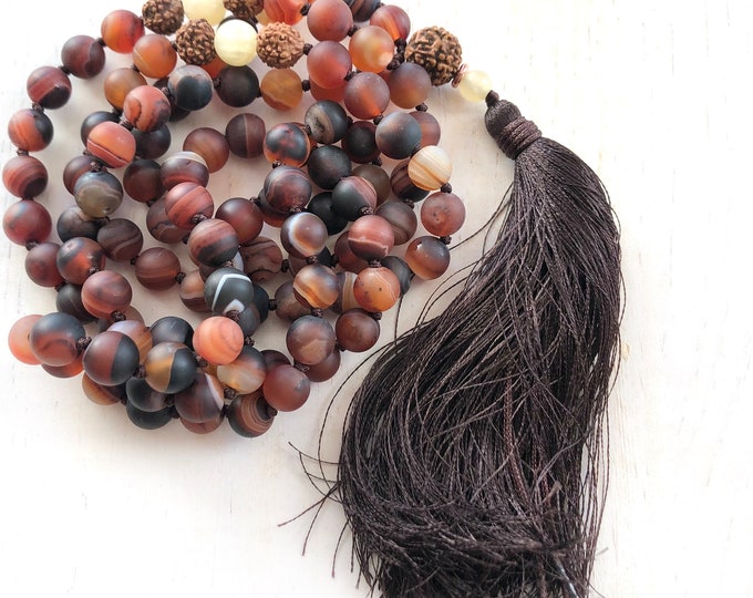 Mala For Spiritual Focus - Dream Agate & Rudraksha Beads - Yellow Jade - 108 Bead Mala Necklace - Hand Knotted - Silk Tassel Mala