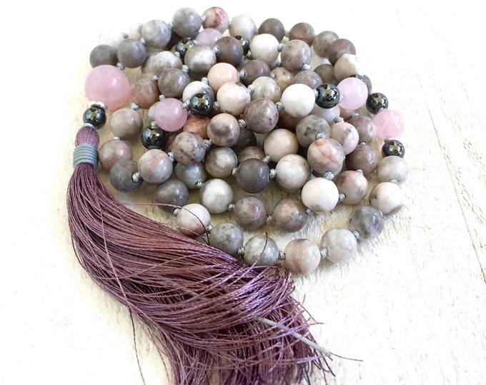 Balance The Emotions Mala - Pink Zebra Jasper, Hematite, Rose Quartz Beads - Calming Mala Necklace - Hand Knotted - 108 Mala Beads