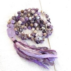 Calm The Mind Mala Beads - Flower Amethyst Mala Necklace - Hand Knotted - 108 Mala Beads - Sari Silk Tassel - Japa Mala Necklace