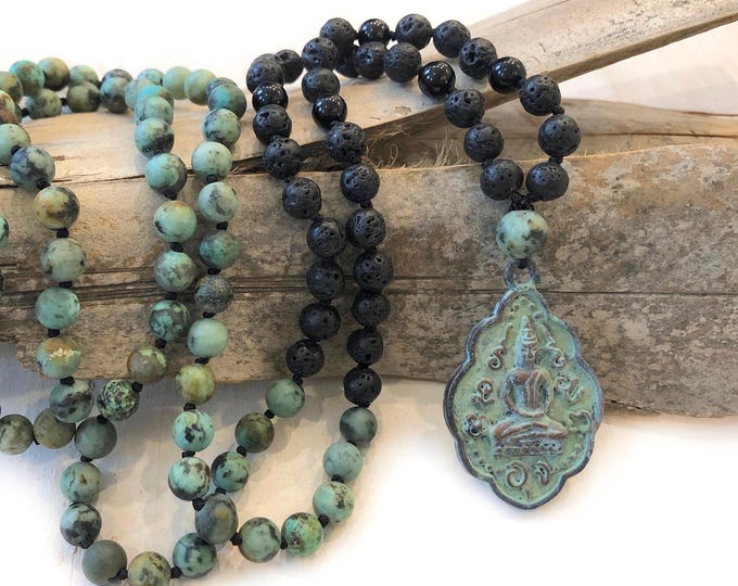 Release Emotional Attachments Mala Beads - African Turquoise Mala Necklace - Black Lava Mala - Seated Buddha Pendant - 108 Beads Mala