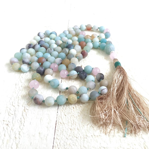 Mala For Calming - Amazonite Mala Beads - 108 Bead Mala Necklace - Rose Quartz - Yoga Meditation Beads, Hand Knotted