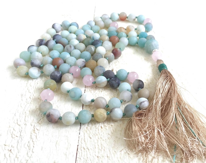Mala For Calming - Amazonite Mala Beads - 108 Bead Mala Necklace - Rose Quartz - Yoga Meditation Beads, Hand Knotted
