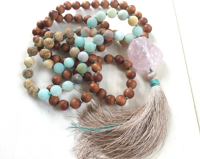 Harmonize & Connect Mala Necklace - 108 Mala Beads - Raw Rose Quartz or Green Aventurine Guru Bead - Sandalwood and Amazonite Beads