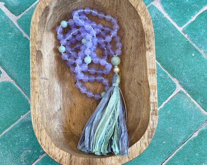 Calming Vibrations Purple Jade Mala Bead Necklace - Freshwater Pearl - 108 Beads