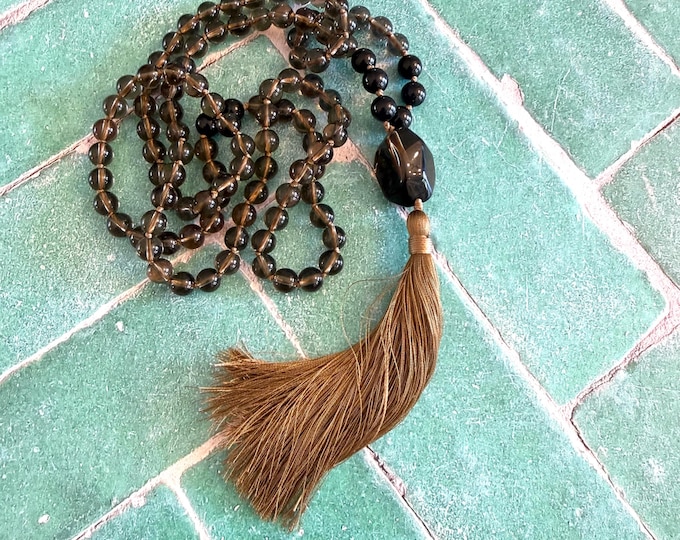 Smoky Quartz & Black Tourmaline Mala Necklace – 108 Bead Hand Knotted Mala with Silk Tassel – Grounding Meditation Jewelry